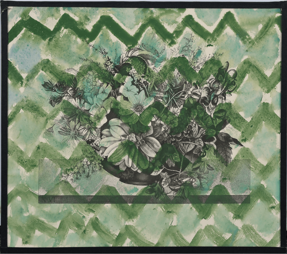 Decorative fabric with a floral arrangement and green zigzag pattern,available to buy from the-salon.com. SALON curates the finest unique handmade pieces from the interior industry's best makers and brands. Shop luxury furniture, lighting, rugs, art, antiques and vintage pieces and accessories from SALON interior designed rooms.