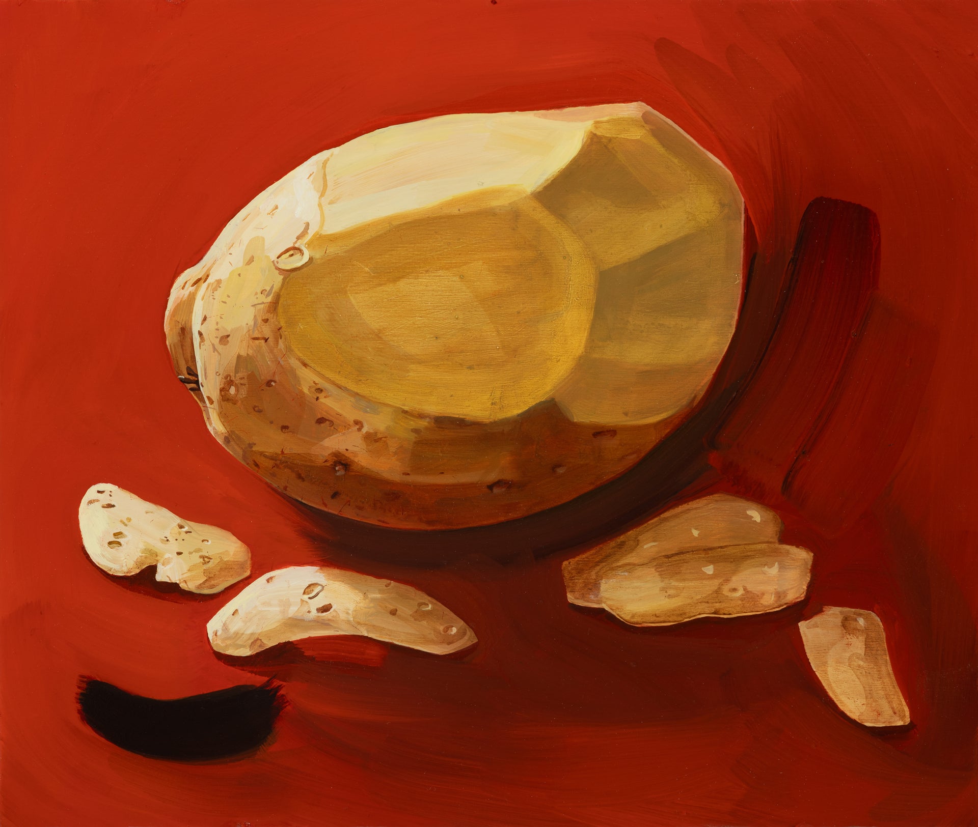 An oil painting by Sophie Glover featuring a peeled potato and slices on a red background, with a black element to the side,  available  to buy on the-salon.com. SALON curates the finest , unique, handmade pieces from the interior industry's best makers and brands. Shop luxury furniture, lighting, rugs, art, antiques and vintage pieces and accessories from SALON interior designed rooms.