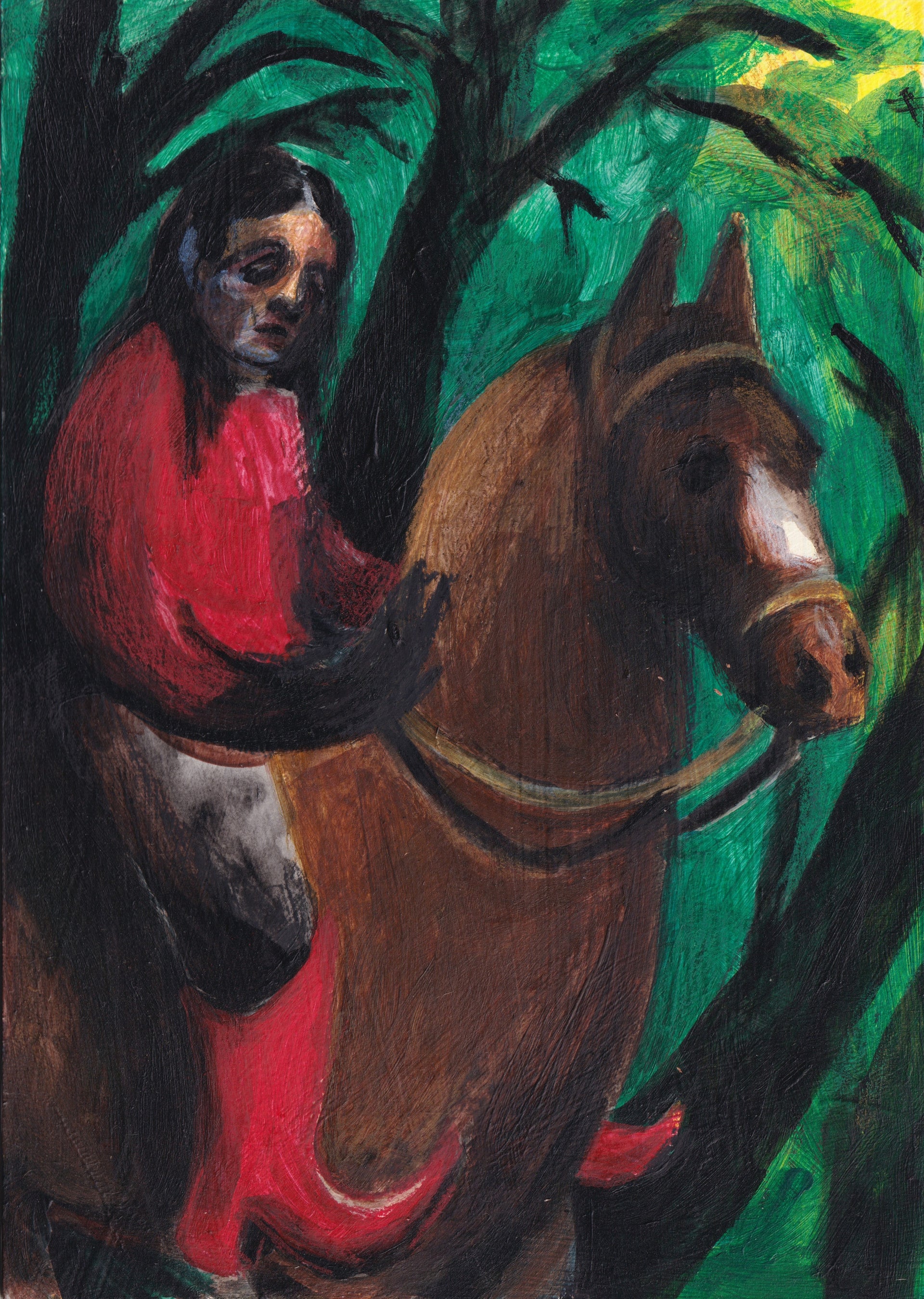 A painting featuring a rider in red attire ona bay horse, with a backdrop of greenery,available  to buy on the-salon.com. SALON curates the finest , unique, handmade pieces from the interior industry's best makers and brands. Shop luxury furniture, lighting, rugs, art, antiques and vintage pieces and accessories from SALON interior designed rooms.