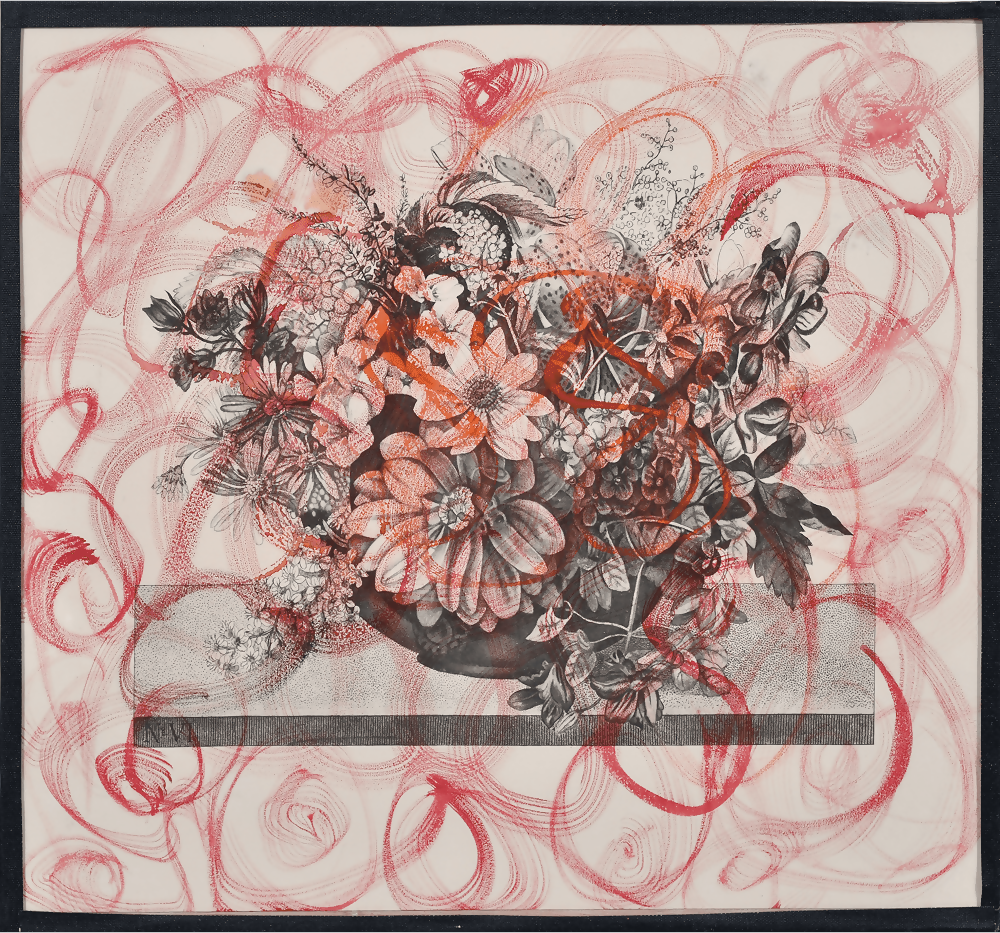Artistic depiction of flowers in a vase with abstract red and pink swirls on a light background,available to buy from the-salon.com. SALON curates the finest unique handmade pieces from the interior industry's best makers and brands. Shop luxury furniture, lighting, rugs, art, antiques and vintage pieces and accessories from SALON interior designed rooms.