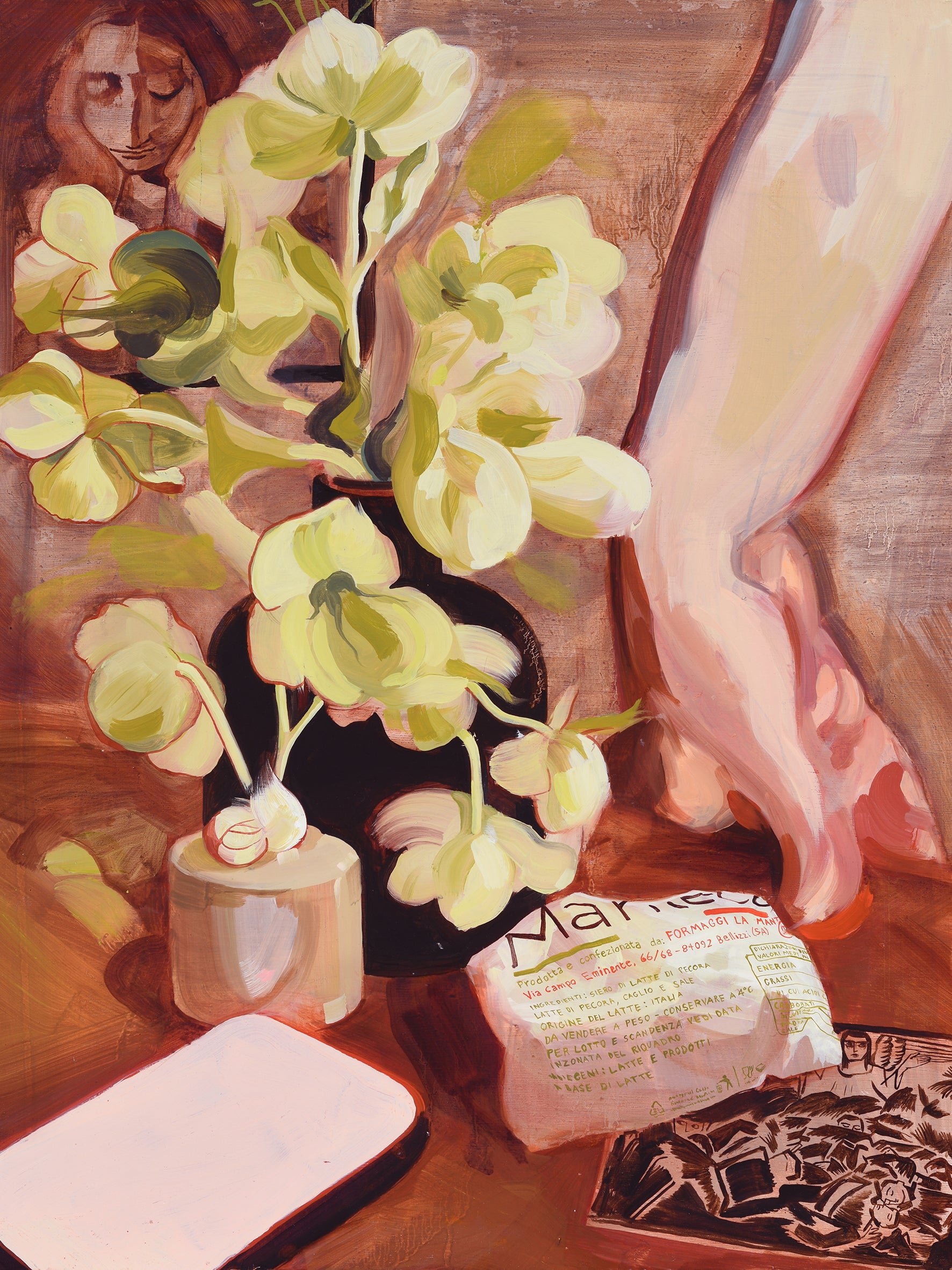 An oil painting depicting a still life with a vase of flowers, a watch, a photograph, and other personal items on a wooden surface,  available  to buy on the-salon.com. SALON curates the finest , unique, handmade pieces from the interior industry's best makers and brands. Shop luxury furniture, lighting, rugs, art, antiques and vintage pieces and accessories from SALON interior designed rooms.