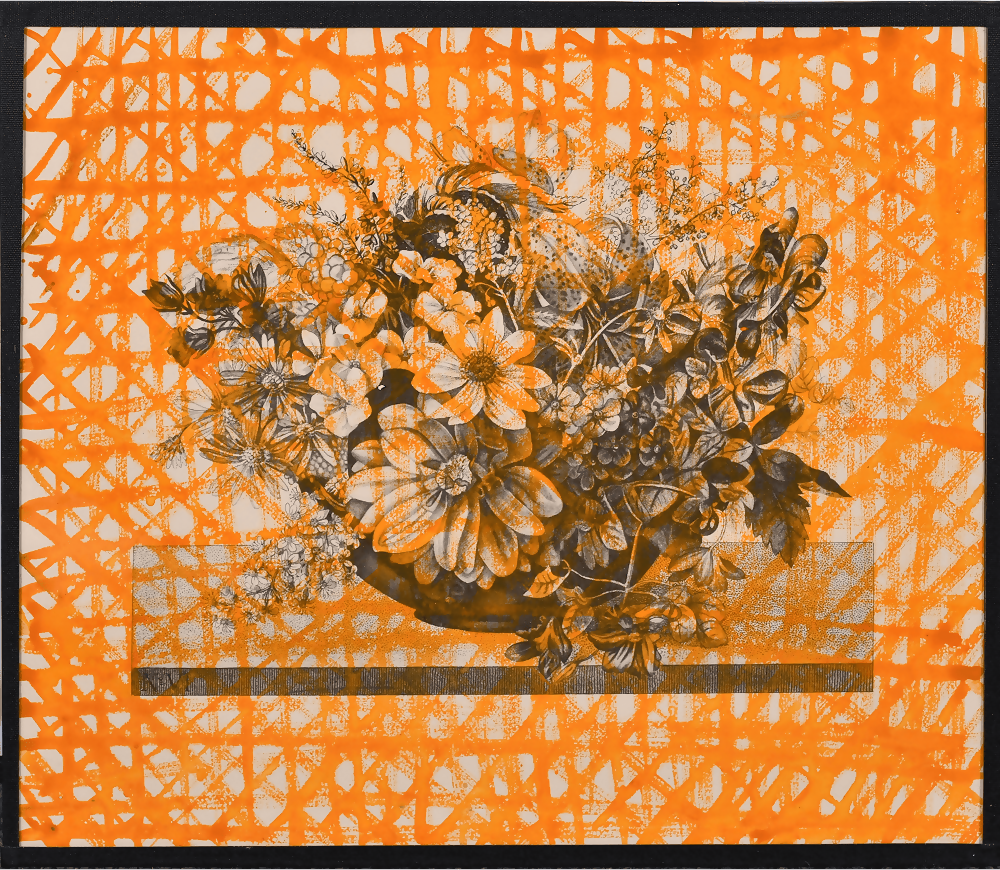 Floral design on an orange background with a geometric pattern,available to buy from the-salon.com. SALON curates the finest unique handmade pieces from the interior industry's best makers and brands. Shop luxury furniture, lighting, rugs, art, antiques and vintage pieces and accessories from SALON interior designed rooms.