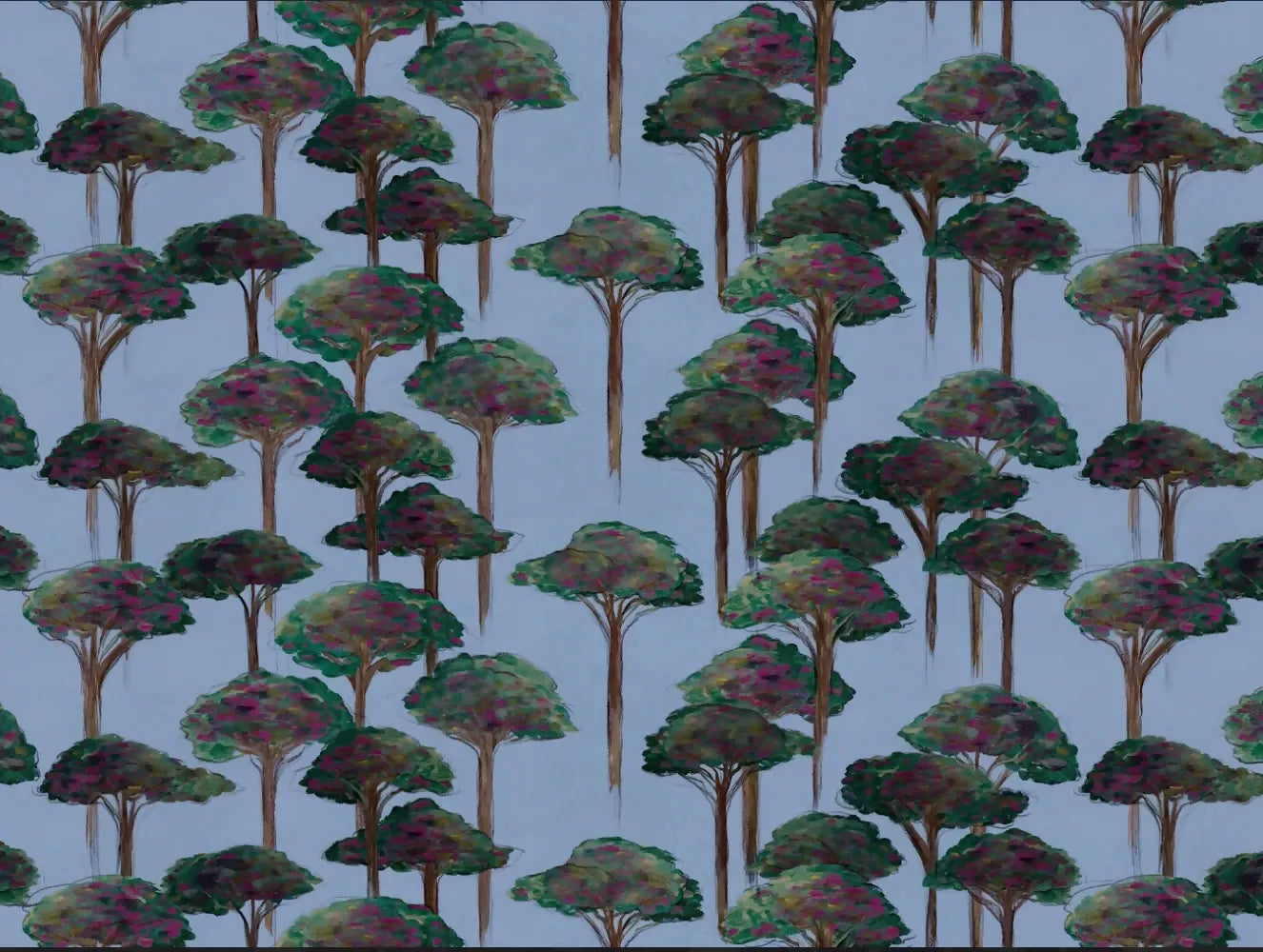 A room with wallpaper featuring a pattern of stylized pine trees and umbrellas in green shades, with two cushions in the foreground, available  to buy on the-salon.com. SALON curates the finest , unique, handmade pieces from the interior industry's best makers and brands. Shop luxury furniture, lighting, rugs, art, antiques and vintage pieces and accessories from SALON interior designed rooms.