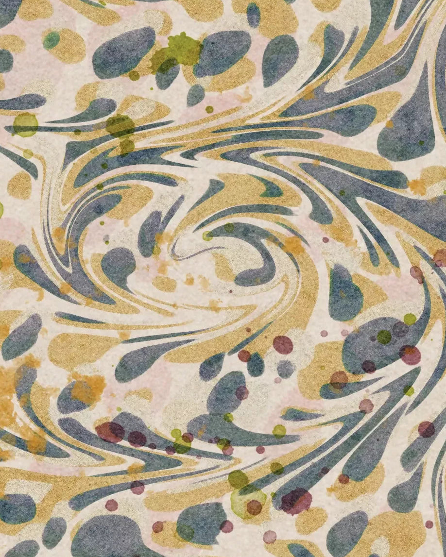 Wallpaper swatch with a swirling pattern in blue, green, and beige on a white background