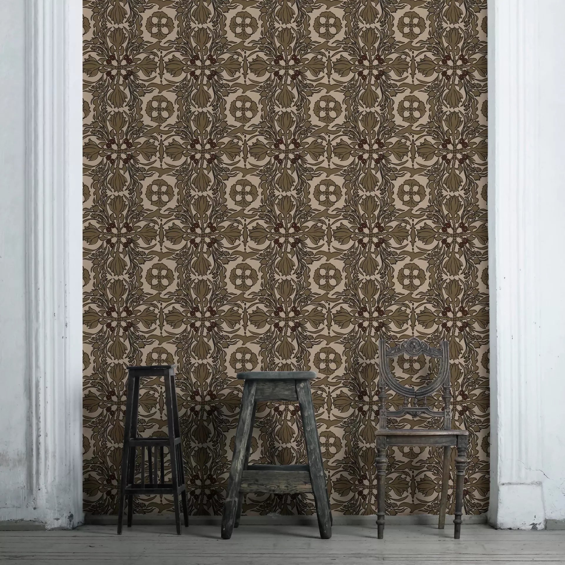  Wallpaper with a floral pattern in shades of beige, featuring a decorative design, available  to buy on the-salon.com. SALON curates the finest , unique, handmade pieces from the interior industry's best makers and brands. Shop luxury furniture, lighting, rugs, art, antiques and vintage pieces and accessories from SALON interior designed rooms.