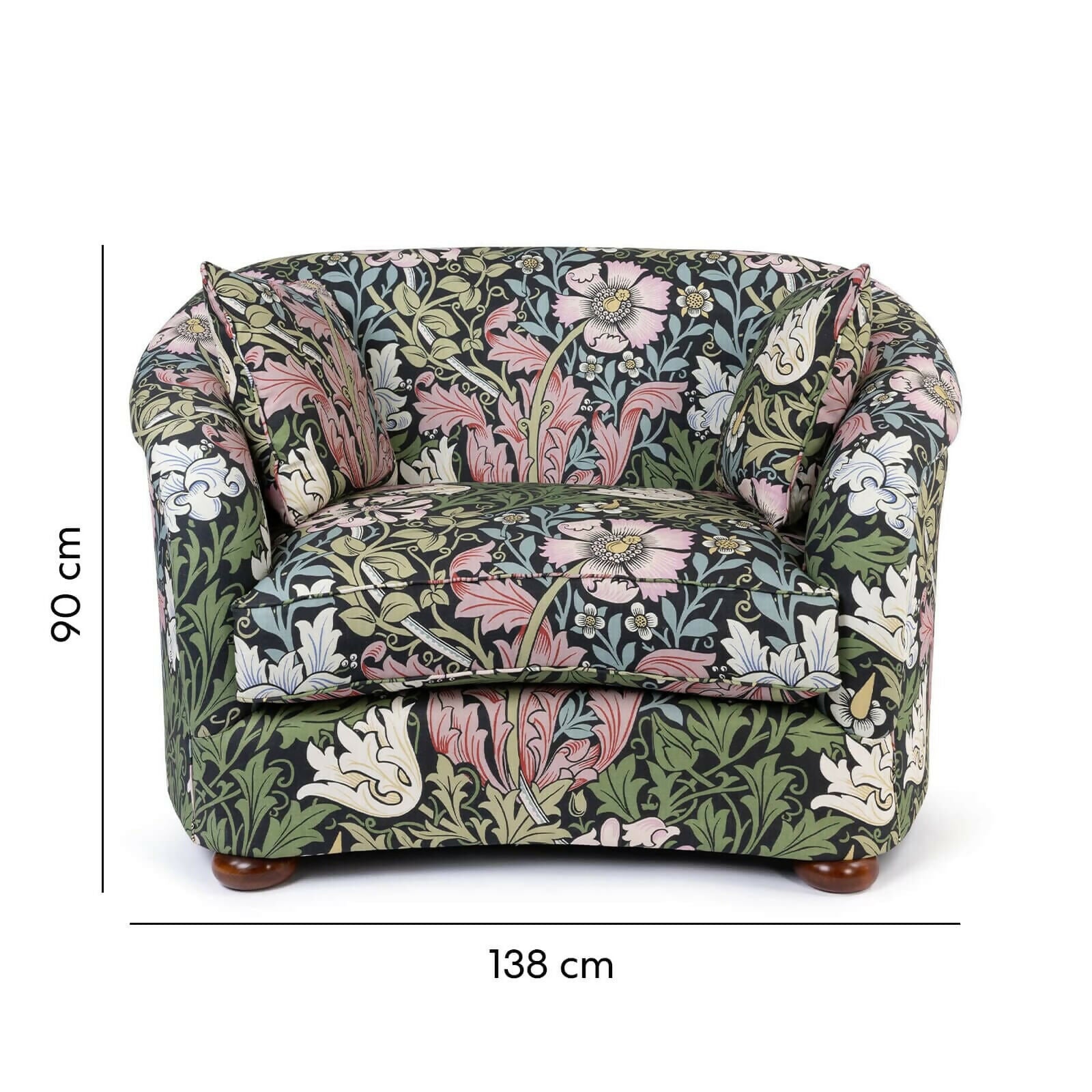A Vesper Loveseat with a floral pattern in a mix of green, pink, and other colours on a black background, featuring sloping arms and a continuous curved backrest, with a pair of matching scatter cushions, including measurements,  available  to buy on the-salon.com. SALON curates the finest , unique, handmade pieces from the interior industry's best makers and brands. Shop luxury furniture, lighting, rugs, art, antiques and vintage pieces and accessories from SALON interior designed rooms.
