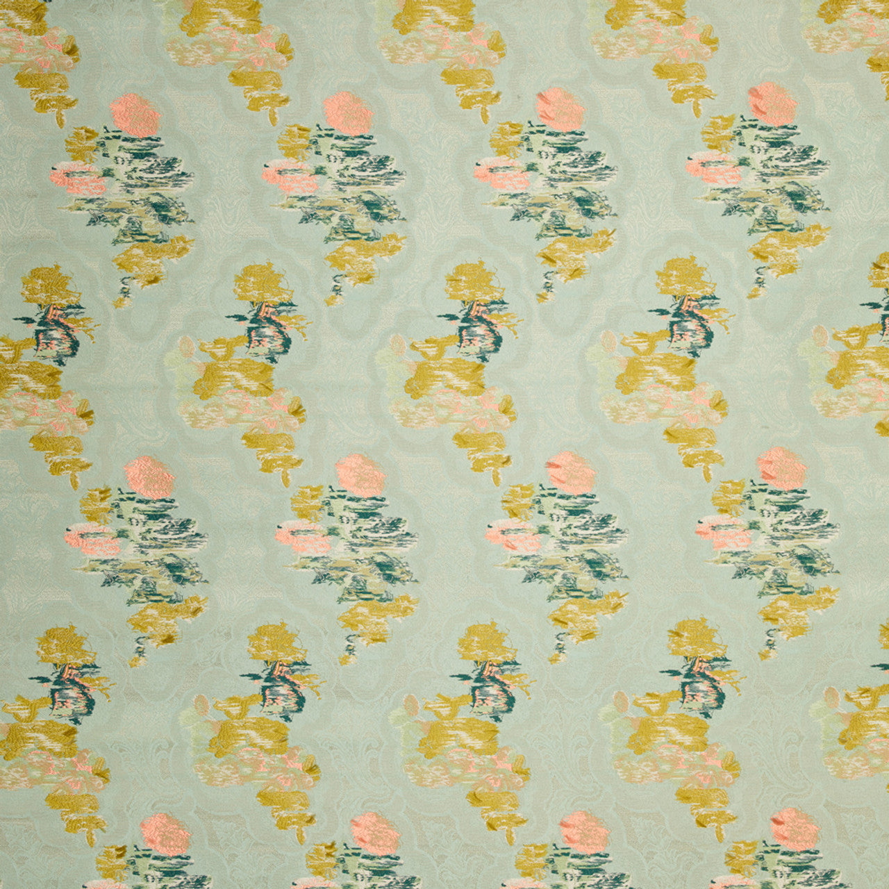 A piece of fabric with a floral pattern in green, blue, and pink colors,  available  to buy on the-salon.com. SALON curates the finest , unique, handmade pieces from the interior industry's best makers and brands. Shop luxury furniture, lighting, rugs, art, antiques and vintage pieces and accessories from SALON interior designed rooms.