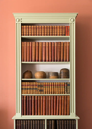 Bookshelf filled with vintage books against a pink wall,  available  to buy on the-salon.com. SALON curates the finest , unique, handmade pieces from the interior industry's best makers and brands. Shop luxury furniture, lighting, rugs, art, antiques and vintage pieces and accessories from SALON interior designed rooms.