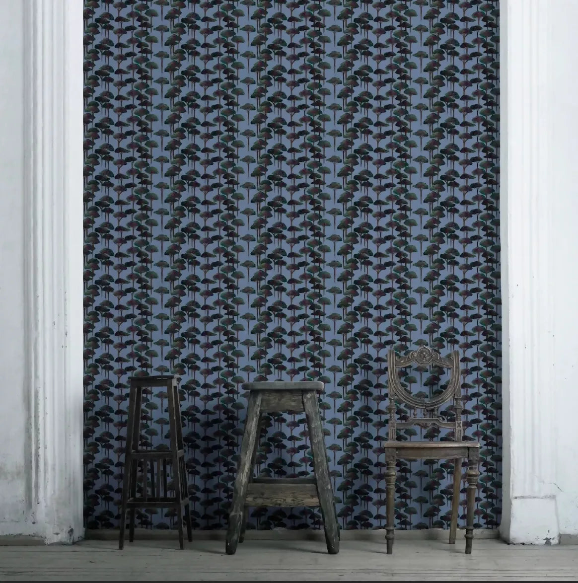 Patterned wallpaper, behind three wooden chairs,available  to buy on the-salon.com. SALON curates the finest , unique, handmade pieces from the interior industry's best makers and brands. Shop luxury furniture, lighting, rugs, art, antiques and vintage pieces and accessories from SALON interior designed rooms. 