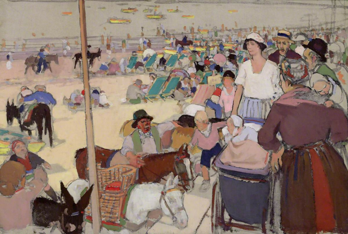 A painting depicting a scene at the beach with several figures, horses, and donkeys, suggesting a busy day at the seaside,  available  to buy on the-salon.com. SALON curates the finest , unique, handmade pieces from the interior industry's best makers and brands. Shop luxury furniture, lighting, rugs, art, antiques and vintage pieces and accessories from SALON interior designed rooms.