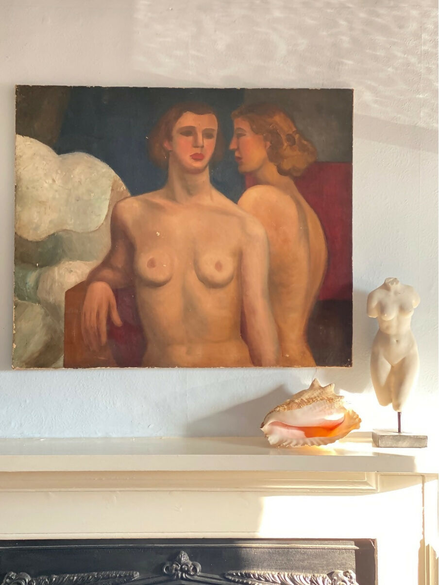 This image features a captivating 1930s German oil painting of female figures, displayed on a wall above a mantelpiece. The artwork is a striking study of the human form  available  to buy on the-salon.com. SALON curates the finest , unique, handmade pieces from the interior industry's best makers and brands. Shop luxury furniture, lighting, rugs, art, antiques and vintage pieces and accessories from SALON interior designed rooms.