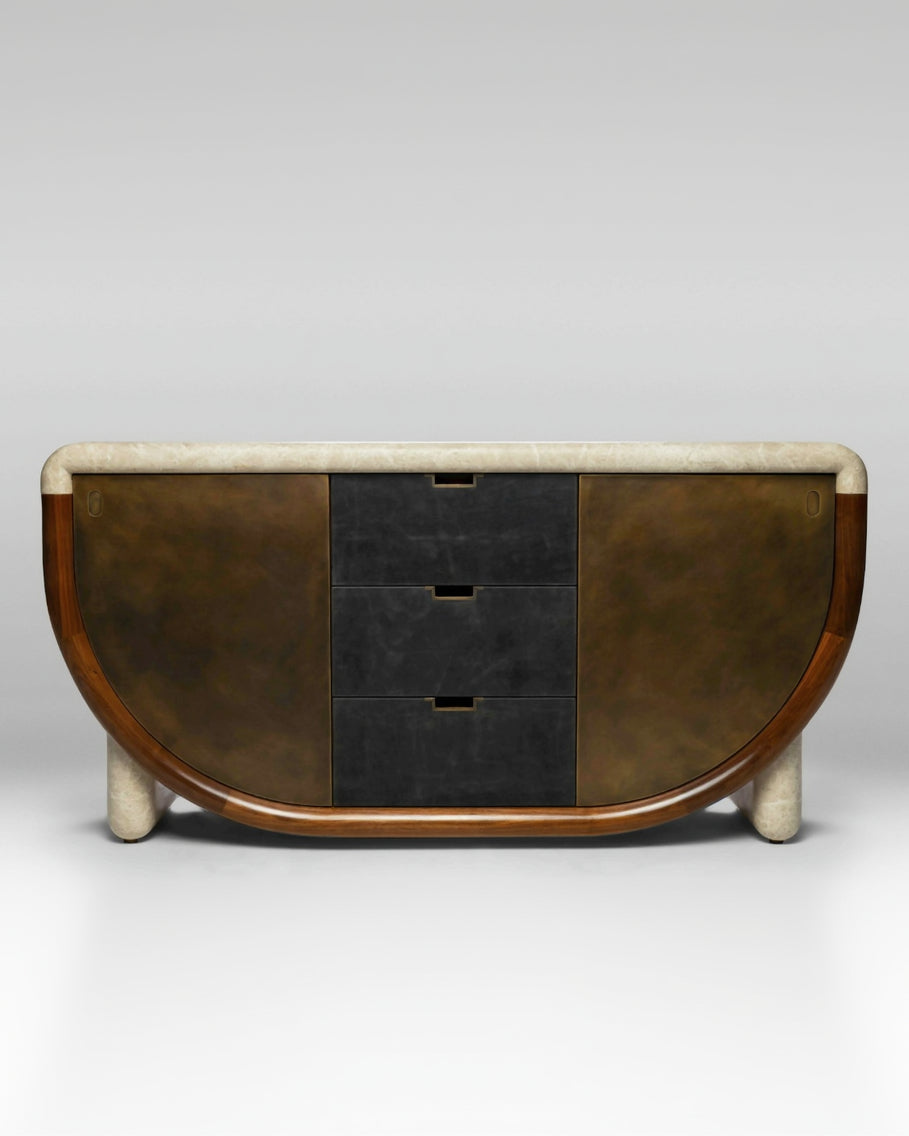Modern furniture piece with a geometric design on a gray background