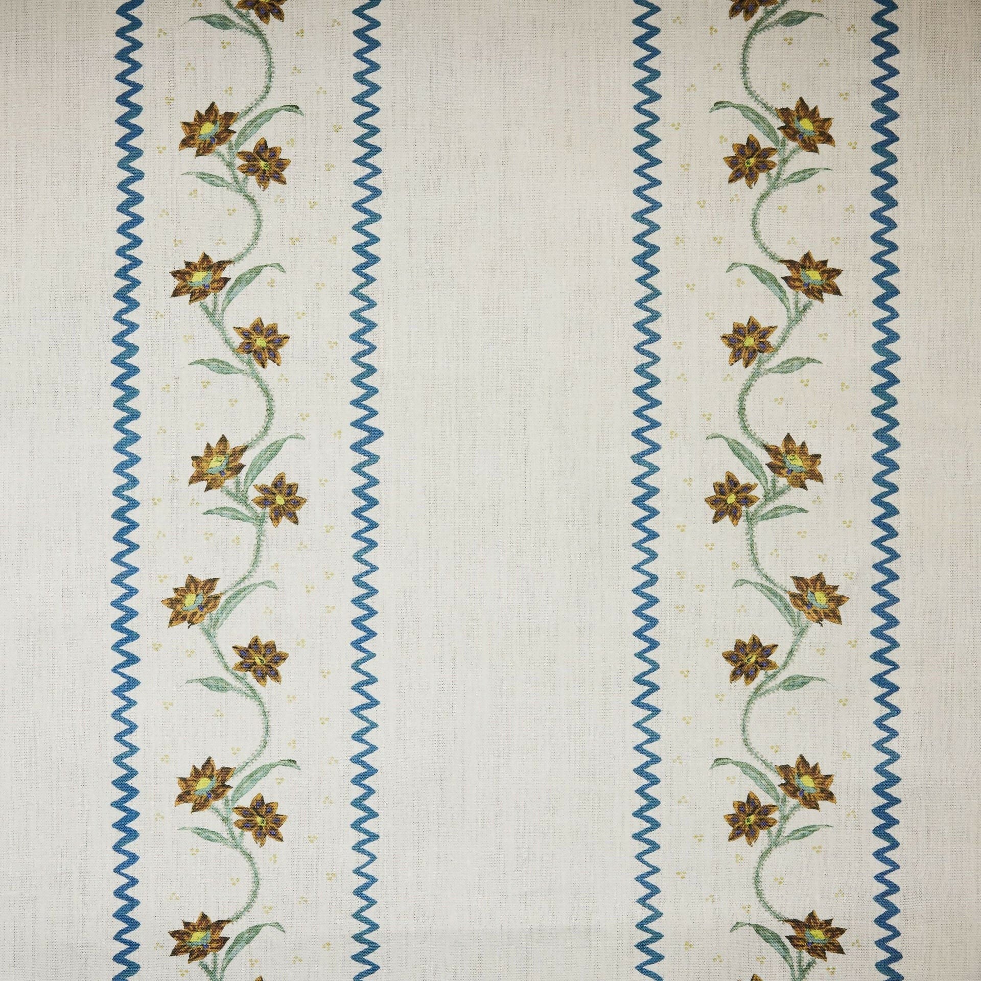 Decorative fabric pattern with floral design and blue zigzag lines ,available to buy from the-salon.com. SALON curates the finest unique handmade pieces from the interior industry's best makers and brands. Shop luxury furniture, lighting, rugs, art, antiques and vintage pieces and accessories from SALON interior designed rooms. 