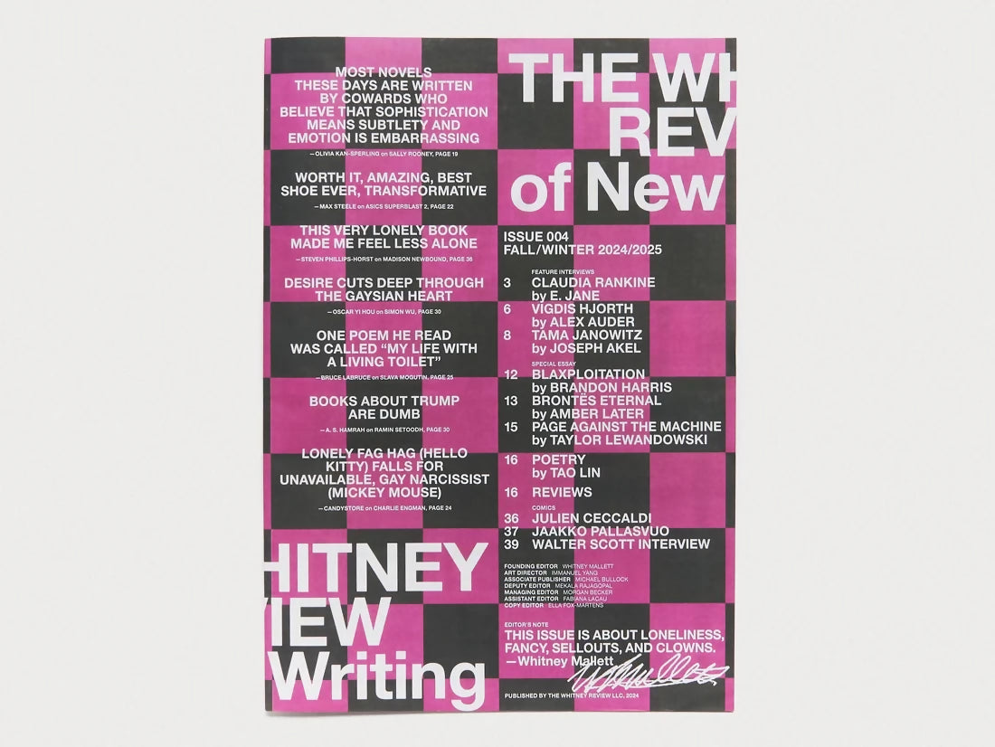 Cover of 'THE WHITNEY REVIEW ISSUE 4' featuring text with pink and black background, available  to buy on the-salon.com. SALON curates the finest , unique, handmade pieces from the interior industry's best makers and brands. Shop luxury furniture, lighting, rugs, art, antiques and vintage pieces and accessories from SALON interior designed rooms.