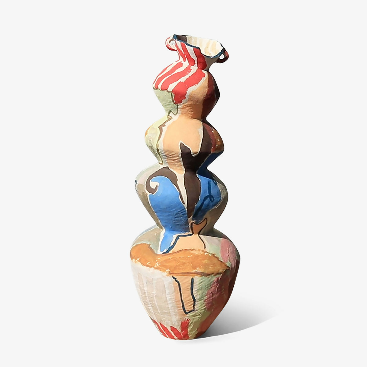 A hand-built ceramic sculpture with abstract design, featuring multiple colours and decorative handles, available  to buy on the-salon.com. SALON curates the finest , unique, handmade pieces from the interior industry's best makers and brands. Shop luxury furniture, lighting, rugs, art, antiques and vintage pieces and accessories from SALON interior designed rooms.