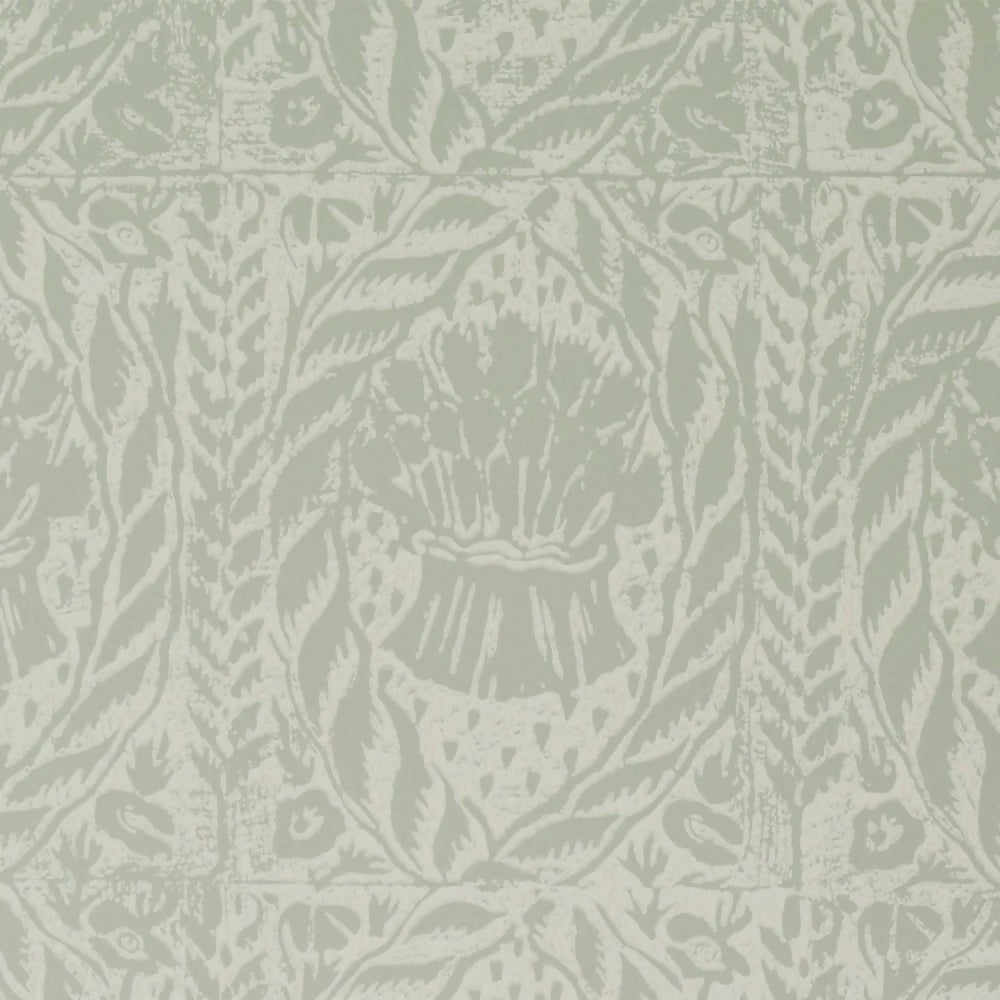 A section of wallpaper with a traditional, intricate pattern in a subtle cloud gray color,  available  to buy on the-salon.com. SALON curates the finest , unique, handmade pieces from the interior industry's best makers and brands. Shop luxury furniture, lighting, rugs, art, antiques and vintage pieces and accessories from SALON interior designed rooms.