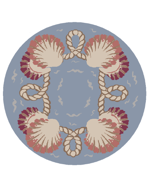 A circular decorative graphic featuring a rope border surrounding four pink and beige scallop shell motifs on a muted blue-gray background.