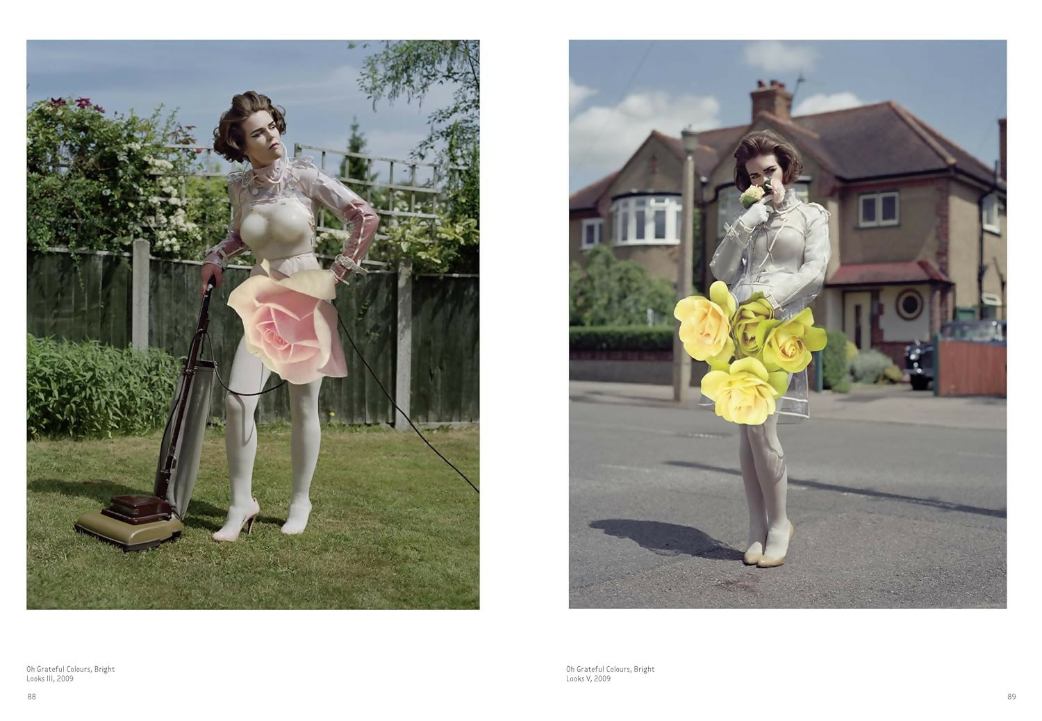 Two images of a person in a garden with a vacuum cleaner and flowers, set against a suburban backdrop,  available  to buy on the-salon.com. SALON curates the finest , unique, handmade pieces from the interior industry's best makers and brands. Shop luxury furniture, lighting, rugs, art, antiques and vintage pieces and accessories from SALON interior designed rooms.