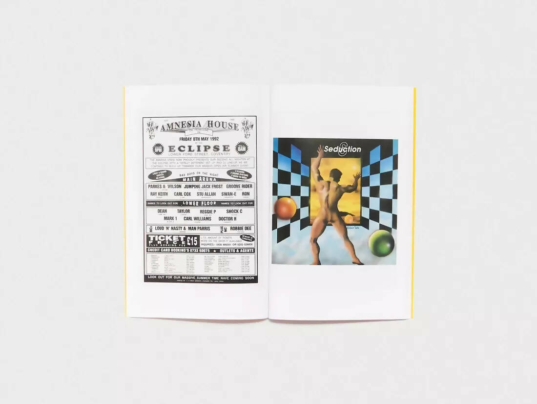 An image of an open magazine, containing two flyers of two different raves, 'seduction' and 'amnesia house eclipse',  available  to buy on the-salon.com. SALON curates the finest , unique, handmade pieces from the interior industry's best makers and brands. Shop luxury furniture, lighting, rugs, art, antiques and vintage pieces and accessories from SALON interior designed rooms.
