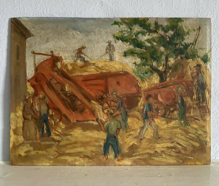 An impressionist style painting depicting Italian hay harvesters with vibrant colours and dynamic composition,  available  to buy on the-salon.com. SALON curates the finest , unique, handmade pieces from the interior industry's best makers and brands. Shop luxury furniture, lighting, rugs, art, antiques and vintage pieces and accessories from SALON interior designed rooms.