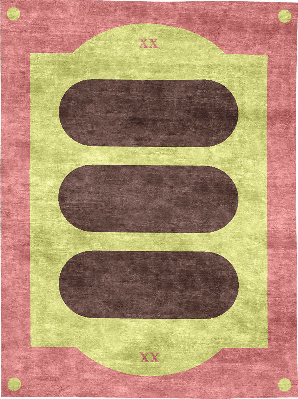 Decorative rug with a green border and brown oval shapes on a pink background, available  to buy on the-salon.com. SALON curates the finest , unique, handmade pieces from the interior industry's best makers and brands. Shop luxury furniture, lighting, rugs, art, antiques and vintage pieces and accessories from SALON interior designed rooms.