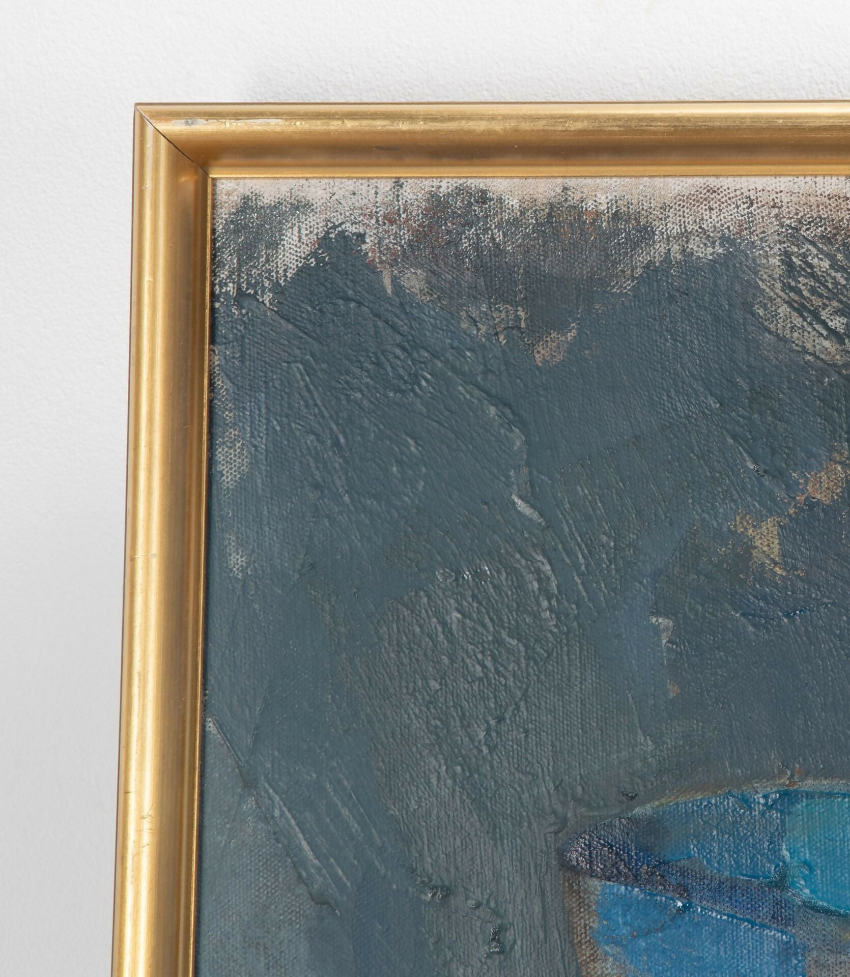 Abstract painting with a gold frame on a white background, with a closeup on the gold ornate frame,  available  to buy on the-salon.com. SALON curates the finest , unique, handmade pieces from the interior industry's best makers and brands. Shop luxury furniture, lighting, rugs, art, antiques and vintage pieces and accessories from SALON interior designed rooms.