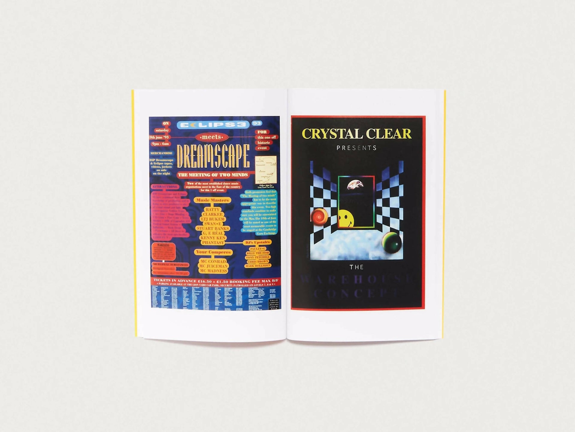 An image of an open magazine, with one page of 'crystal clear presents' and an image of flyer about a rave and another 'Dreamscape,  available  to buy on the-salon.com. SALON curates the finest , unique, handmade pieces from the interior industry's best makers and brands. Shop luxury furniture, lighting, rugs, art, antiques and vintage pieces and accessories from SALON interior designed rooms.
