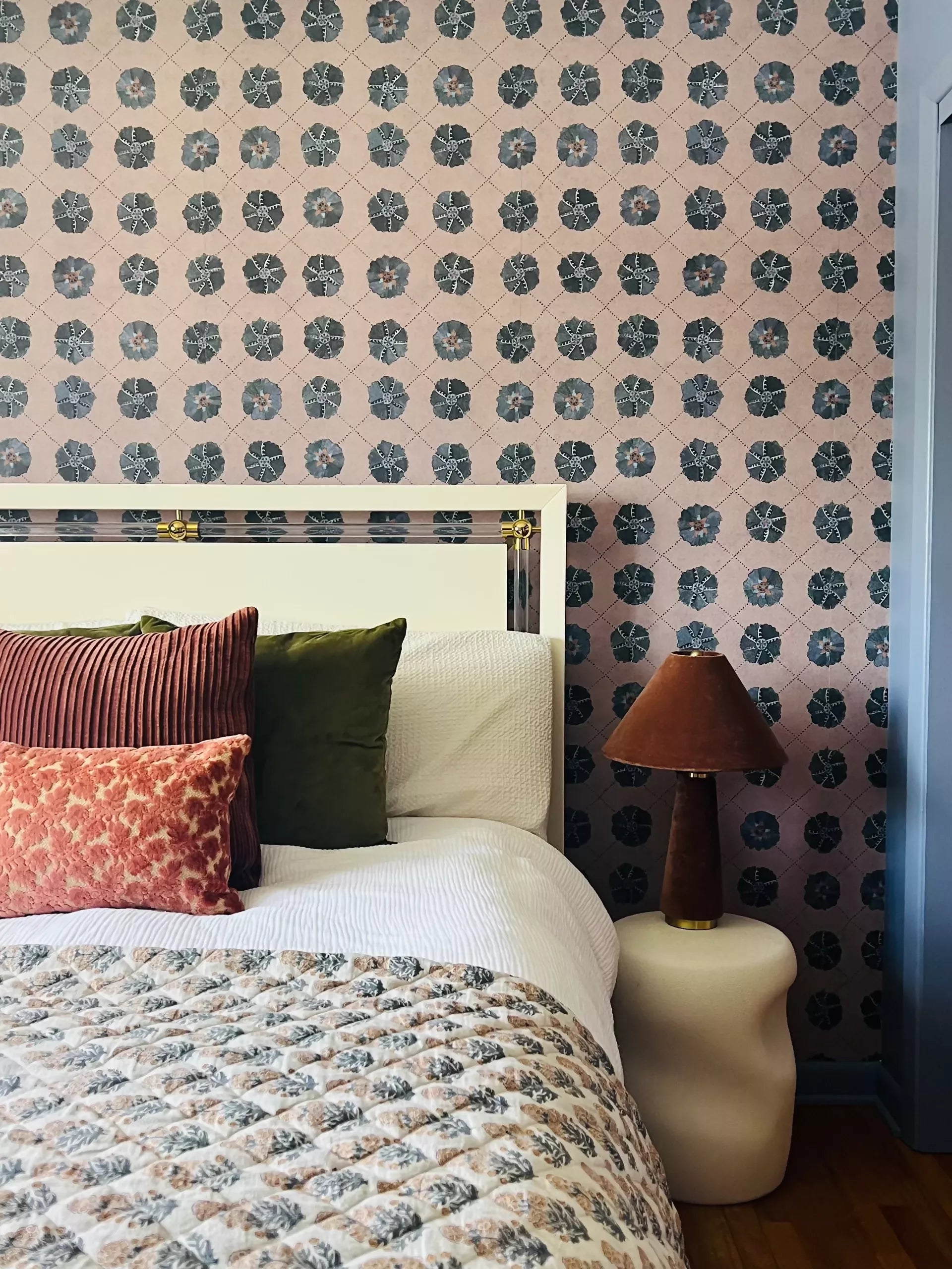 SUZANI wallpaper in use, showing the geometric pattern at the centre, available  to buy on the-salon.com. SALON curates the finest , unique, handmade pieces from the interior industry's best makers and brands. Shop luxury furniture, lighting, rugs, art, antiques and vintage pieces and accessories from SALON interior designed rooms.