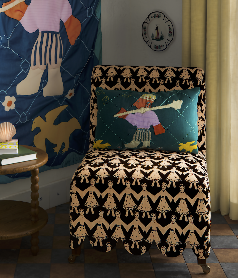 A slipper chair with black and white geometric pattern upholstery, featuring a distinctive scalloped edge skirt, in a room with a colourful wall hanging and wooden flooring,  available  to buy on the-salon.com. SALON curates the finest , unique, handmade pieces from the interior industry's best makers and brands. Shop luxury furniture, lighting, rugs, art, antiques and vintage pieces and accessories from SALON interior designed rooms.