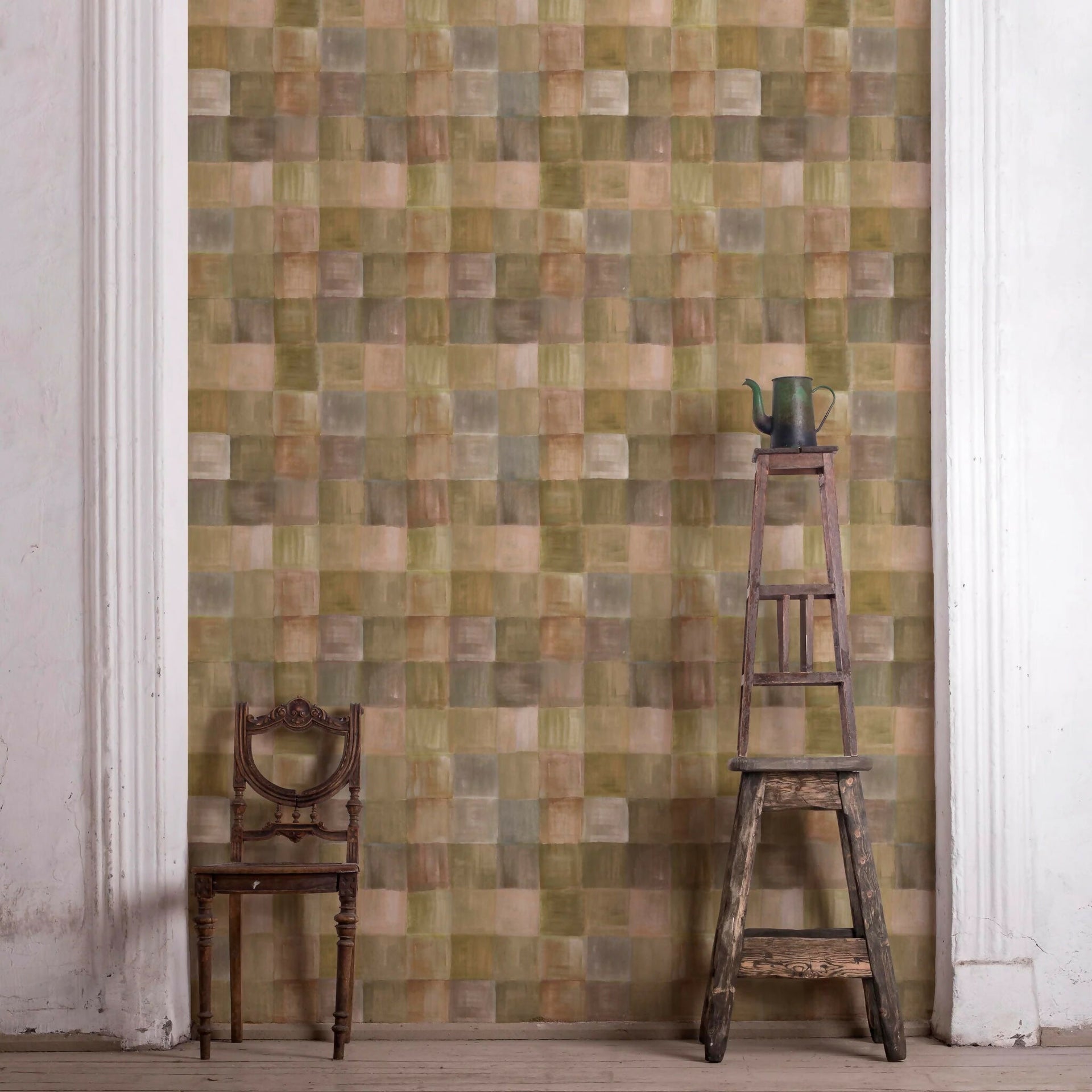 Room with a patterned wall, wooden chair, and ladder against a textured wall,  available  to buy on the-salon.com. SALON curates the finest , unique, handmade pieces from the interior industry's best makers and brands. Shop luxury furniture, lighting, rugs, art, antiques and vintage pieces and accessories from SALON interior designed rooms.