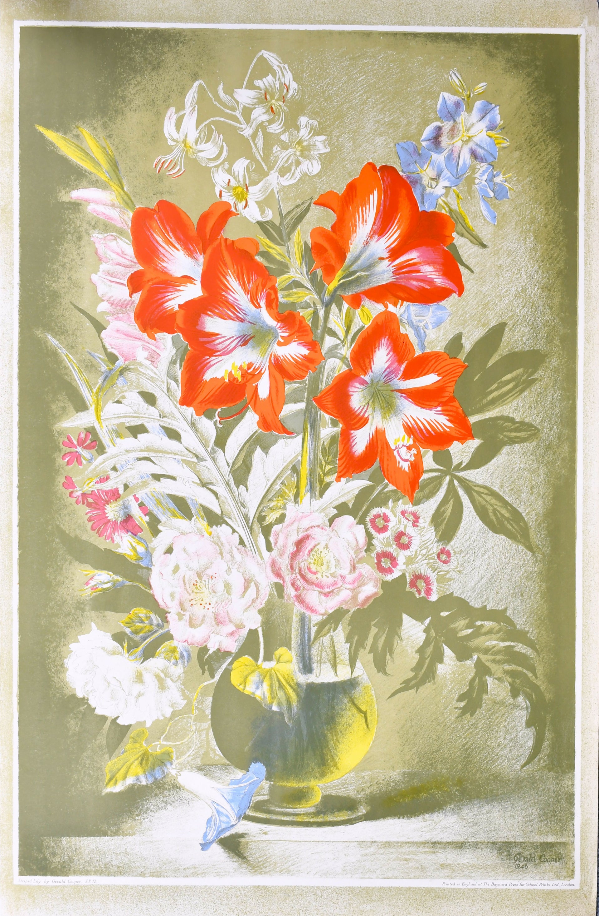 Vintage-style illustration of a floral arrangement with red, white, and pink flowers in a yellow vase on a green background.