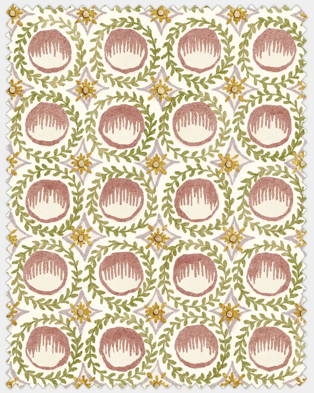 Patterned wallpaper with red circles and green leaves on a white background