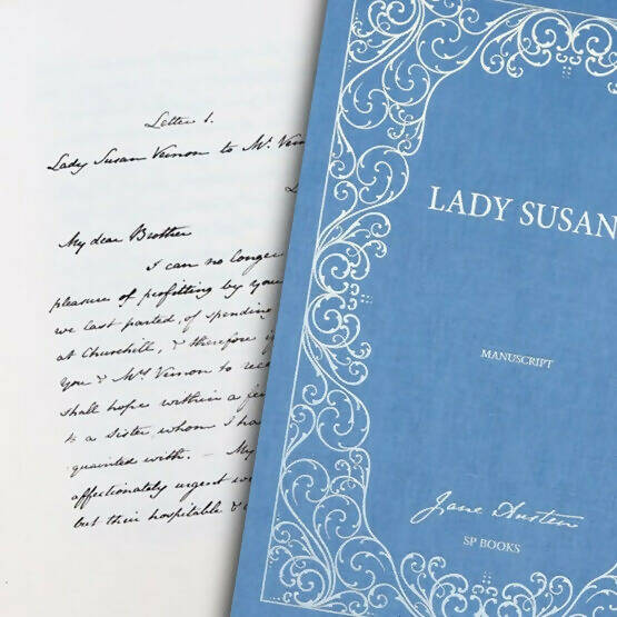 Cover of the book 'LADY SUSAN' featuring ornate white text on a blue background, indicative of classic literature and a page with calligraphy,  available  to buy on the-salon.com. SALON curates the finest , unique, handmade pieces from the interior industry's best makers and brands. Shop luxury furniture, lighting, rugs, art, antiques and vintage pieces and accessories from SALON interior designed rooms.