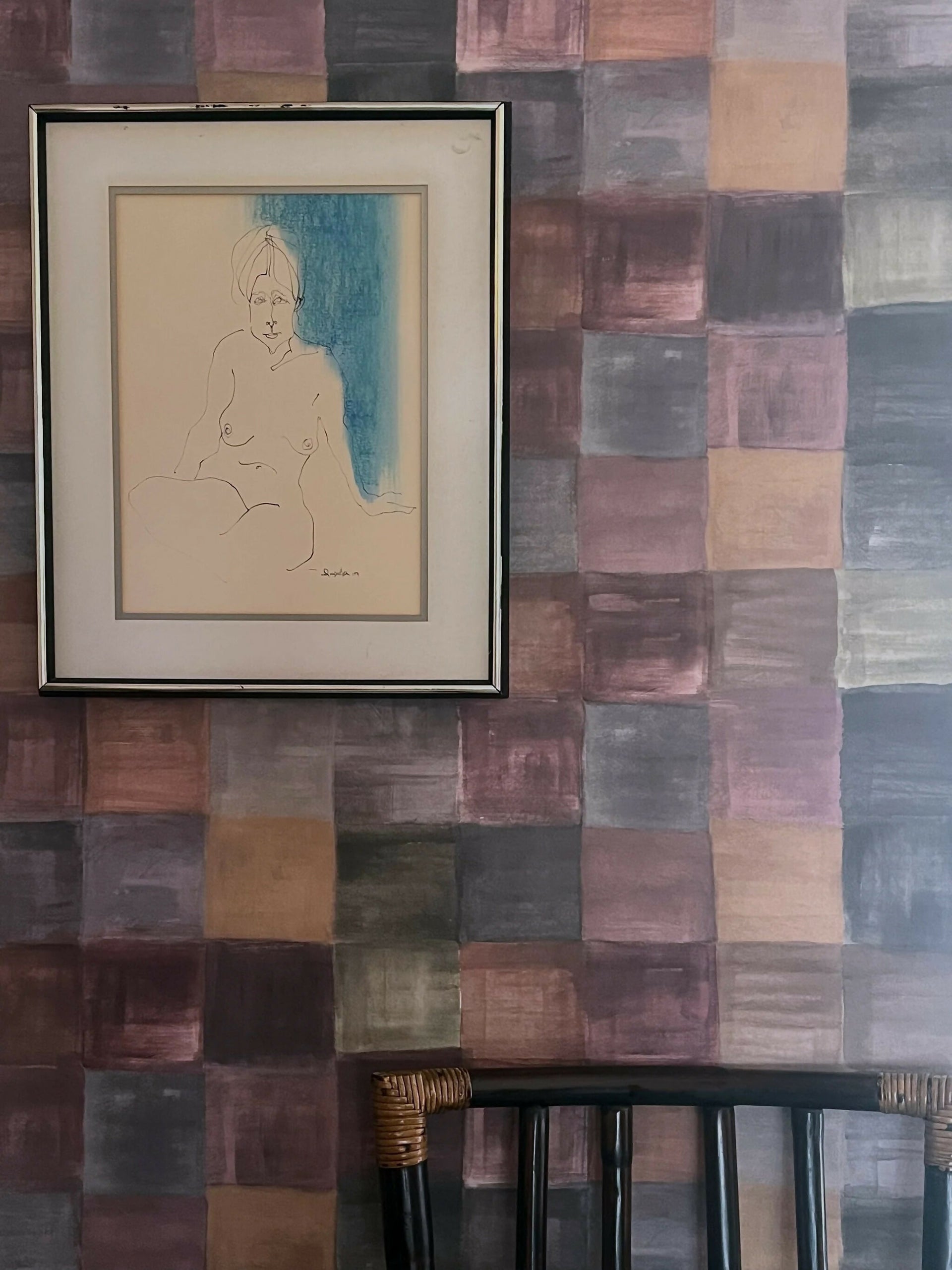 Framed artwork of a nude figure on a textured wall ,  available  to buy on the-salon.com. SALON curates the finest , unique, handmade pieces from the interior industry's best makers and brands. Shop luxury furniture, lighting, rugs, art, antiques and vintage pieces and accessories from SALON interior designed rooms.