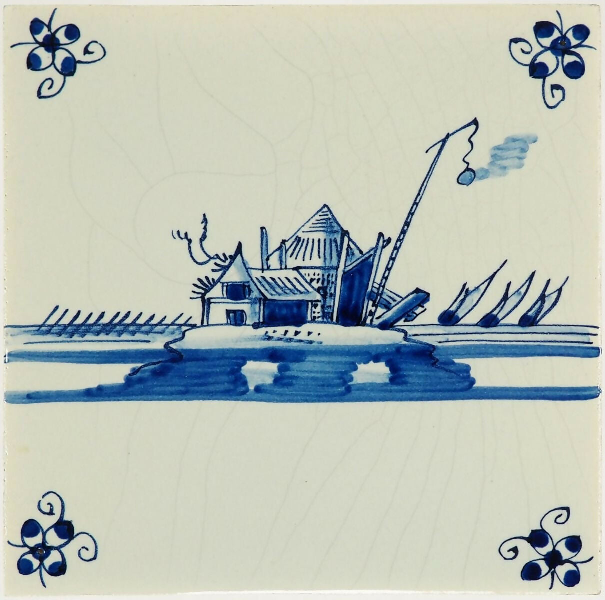 Decorative tile with blue and white design of a house and crane on a beige background,  available  to buy on the-salon.com. SALON curates the finest , unique, handmade pieces from the interior industry's best makers and brands. Shop luxury furniture, lighting, rugs, art, antiques and vintage pieces and accessories from SALON interior designed rooms.