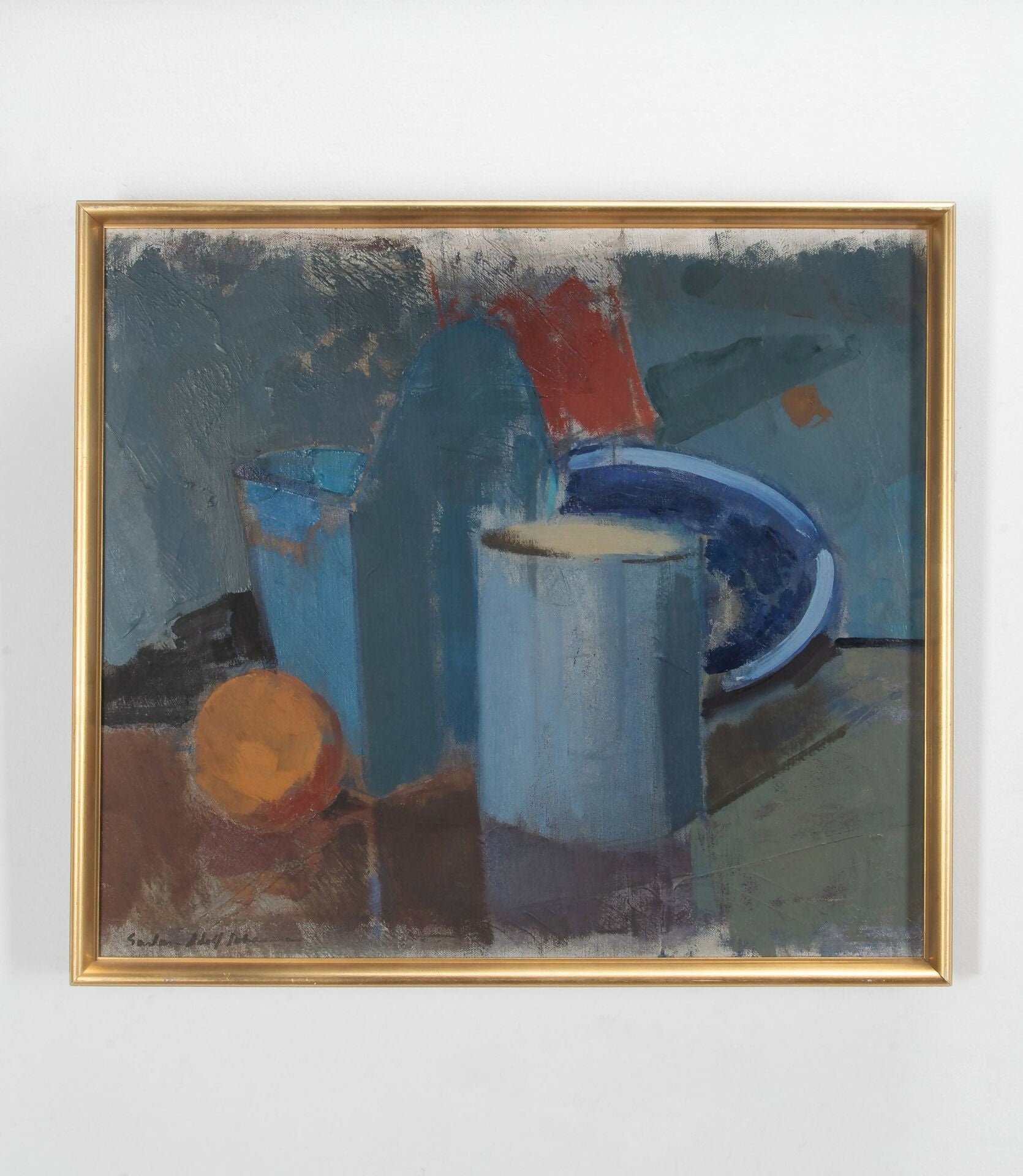 Framed abstract painting with blue and orange elements on a white wall,  available  to buy on the-salon.com. SALON curates the finest , unique, handmade pieces from the interior industry's best makers and brands. Shop luxury furniture, lighting, rugs, art, antiques and vintage pieces and accessories from SALON interior designed rooms.