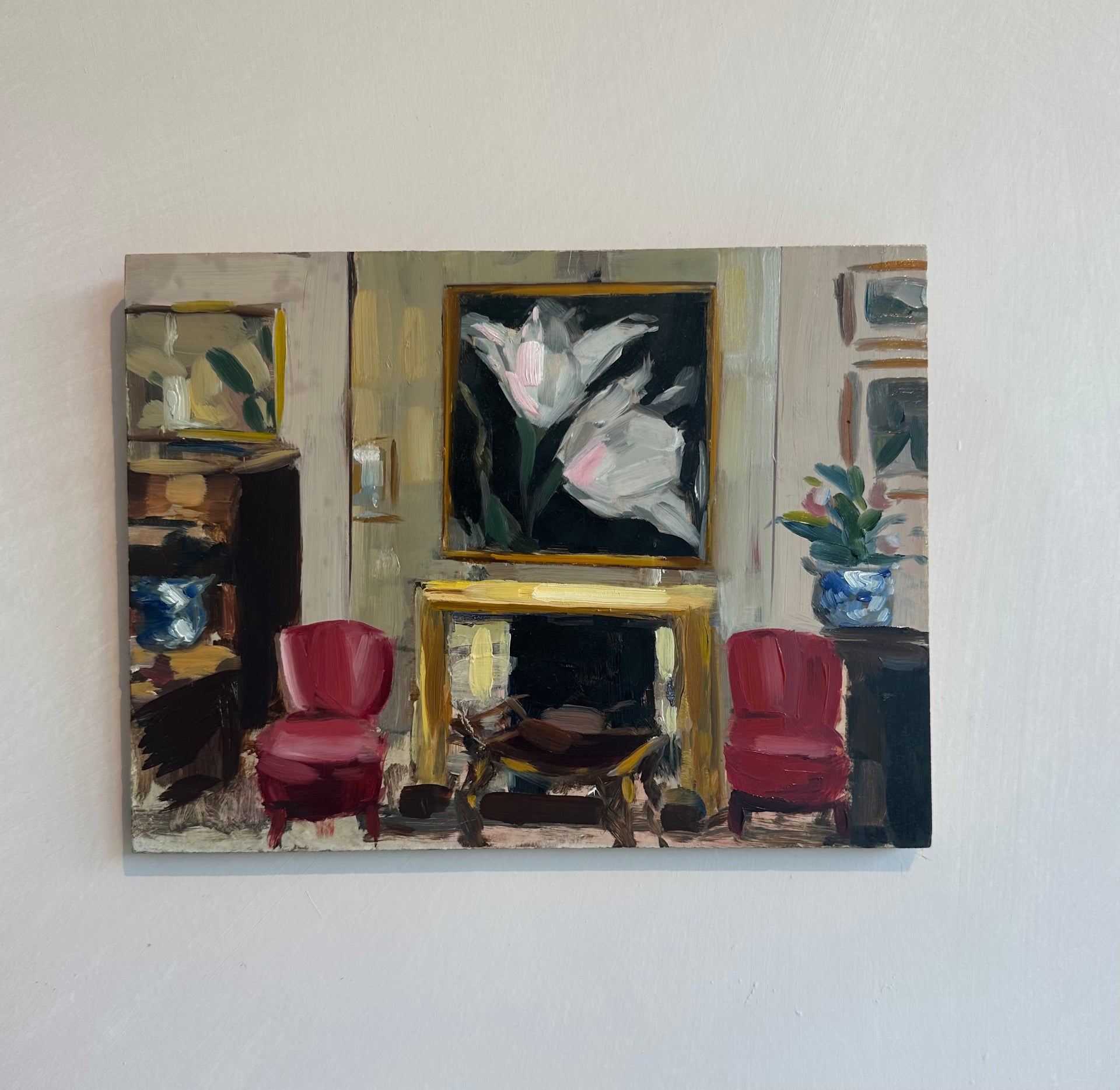 Painting of a room with a fireplace, red chairs, and a floral arrangement ,  available  to buy on the-salon.com. SALON curates the finest , unique, handmade pieces from the interior industry's best makers and brands. Shop luxury furniture, lighting, rugs, art, antiques and vintage pieces and accessories from SALON interior designed rooms.