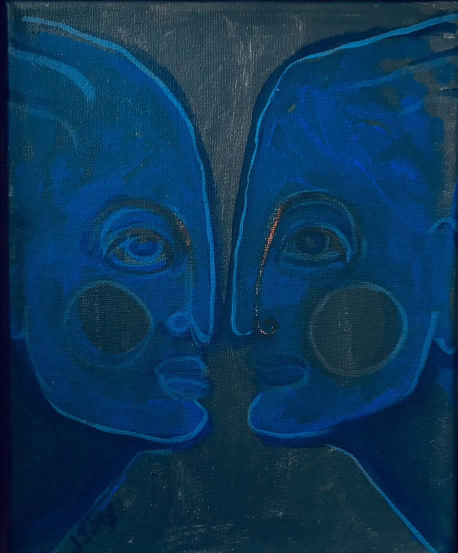Abstract painting of two faces in blue tones,  available  to buy on the-salon.com. SALON curates the finest , unique, handmade pieces from the interior industry's best makers and brands. Shop luxury furniture, lighting, rugs, art, antiques and vintage pieces and accessories from SALON interior designed rooms.