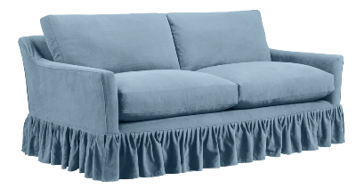 Blue sofa with a ruffled skirt on a white background