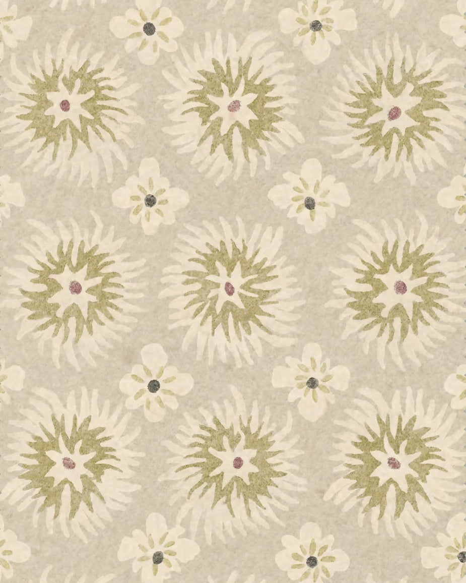 Patterned fabric swatch with floral design on a beige background
