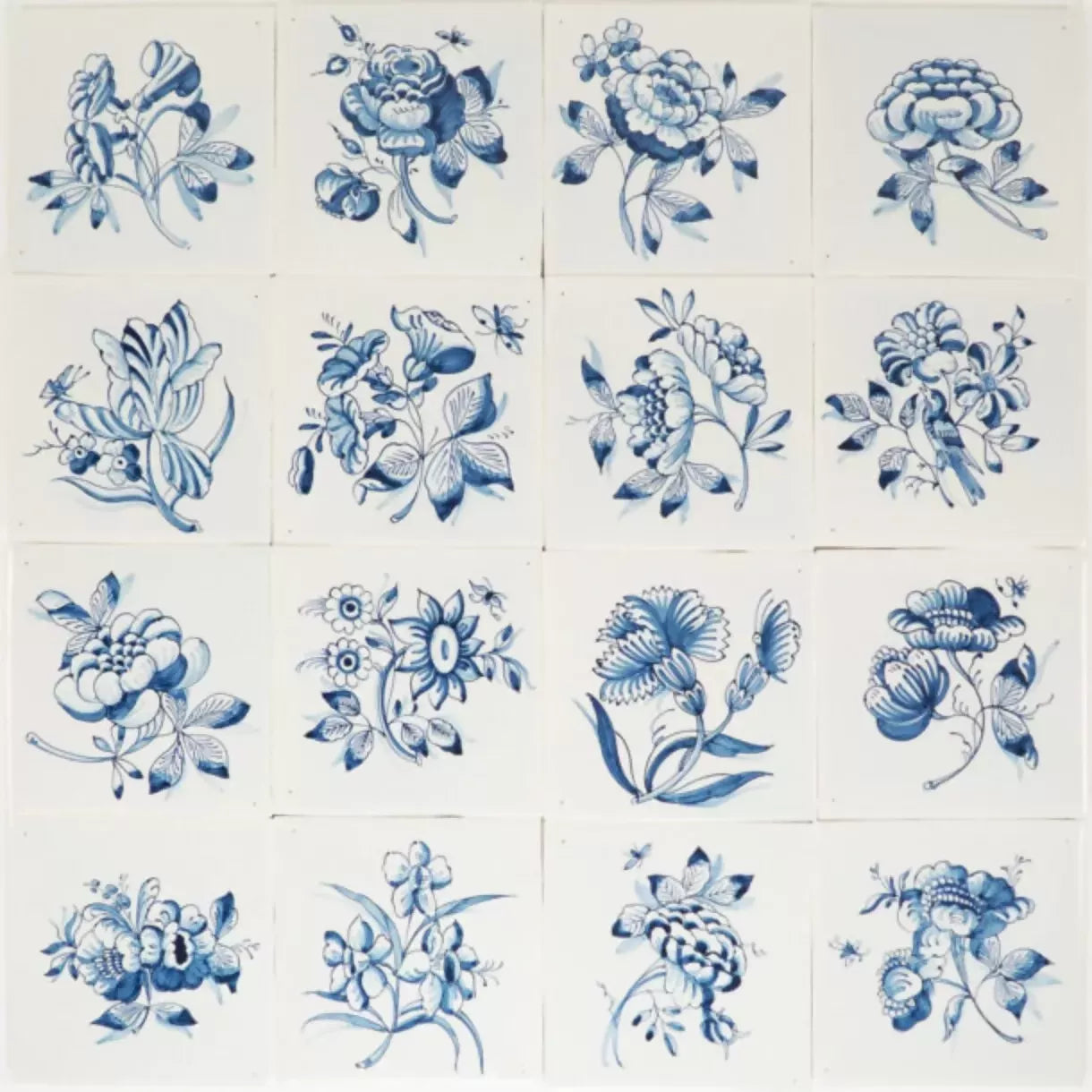 Grid of blue floral designs on a white background,  available  to buy on the-salon.com. SALON curates the finest , unique, handmade pieces from the interior industry's best makers and brands. Shop luxury furniture, lighting, rugs, art, antiques and vintage pieces and accessories from SALON interior designed rooms.