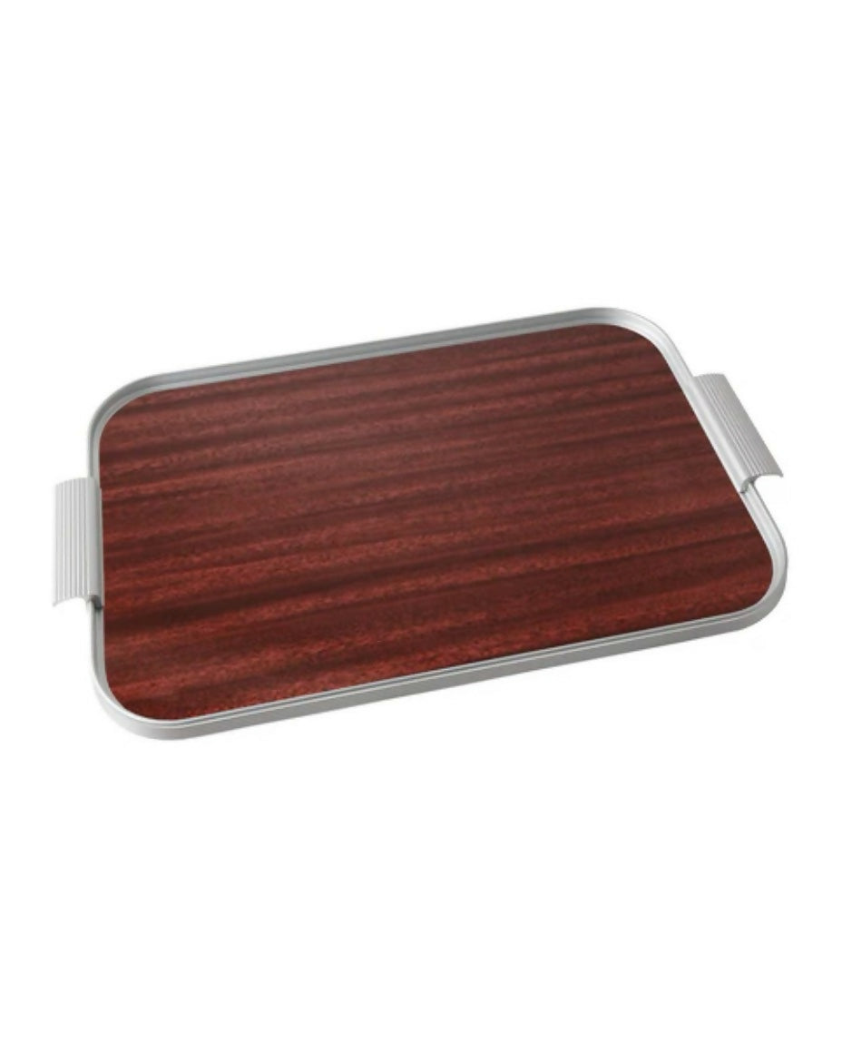 Rectangular tray with wooden surface and metallic rim on a white background,  available  to buy on the-salon.com. SALON curates the finest , unique, handmade pieces from the interior industry's best makers and brands. Shop luxury furniture, lighting, rugs, art, antiques and vintage pieces and accessories from SALON interior designed rooms.