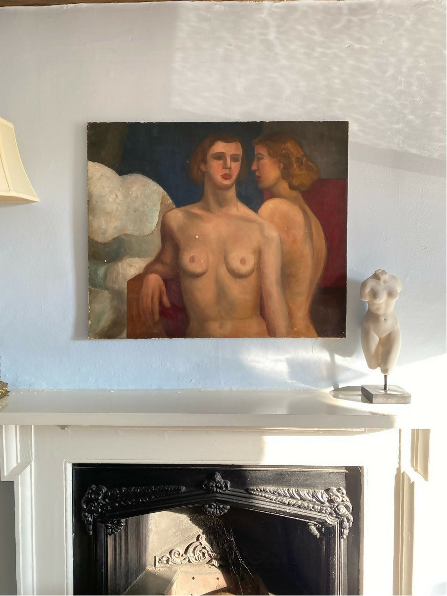 This image features a captivating 1930s German oil painting of female figures, displayed on a wall above a mantelpiece. The artwork is a striking study of the human form  available  to buy on the-salon.com. SALON curates the finest , unique, handmade pieces from the interior industry's best makers and brands. Shop luxury furniture, lighting, rugs, art, antiques and vintage pieces and accessories from SALON interior designed rooms.