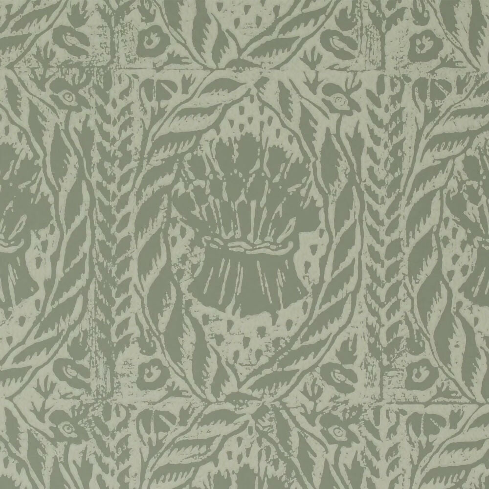 A section of wallpaper with a traditional, intricate design in French grey color,  available  to buy on the-salon.com. SALON curates the finest , unique, handmade pieces from the interior industry's best makers and brands. Shop luxury furniture, lighting, rugs, art, antiques and vintage pieces and accessories from SALON interior designed rooms.
