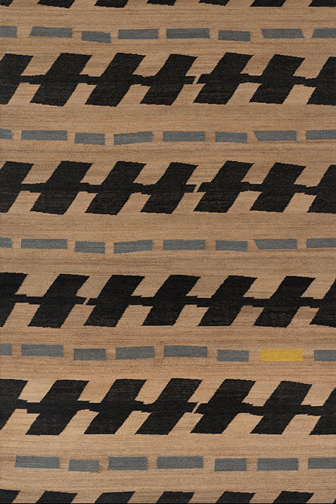 Rug with black and gray geometric pattern on beige background