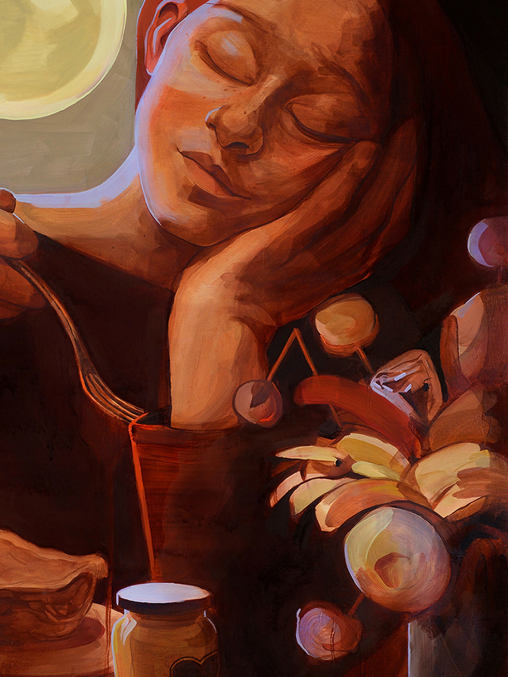 Artistic depiction of a person spooning something from a dish, with candles and food in the background, available  to buy on the-salon.com. SALON curates the finest , unique, handmade pieces from the interior industry's best makers and brands. Shop luxury furniture, lighting, rugs, art, antiques and vintage pieces and accessories from SALON interior designed rooms.