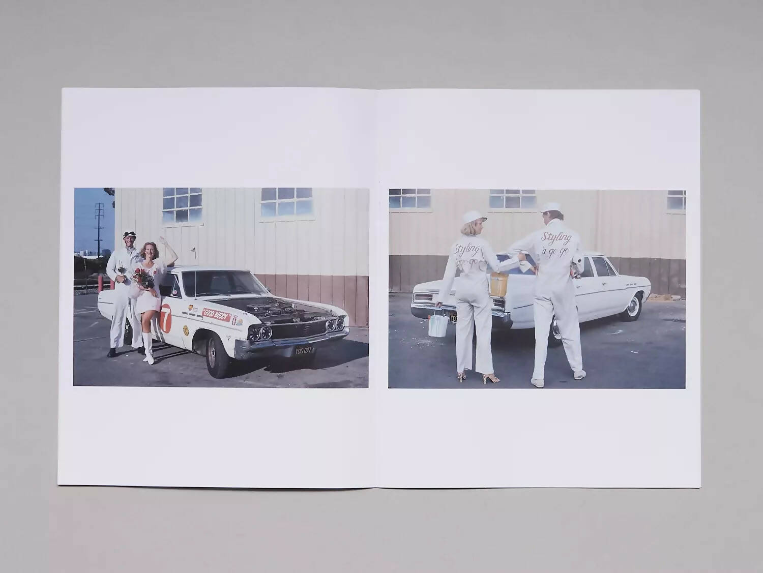 An image of an open book, containing two images of a couple infront of a white vintage car, one where they are wearing wedding attire and the other with outfits ready to paint, available  to buy on the-salon.com. SALON curates the finest , unique, handmade pieces from the interior industry's best makers and brands. Shop luxury furniture, lighting, rugs, art, antiques and vintage pieces and accessories from SALON interior designed rooms.
