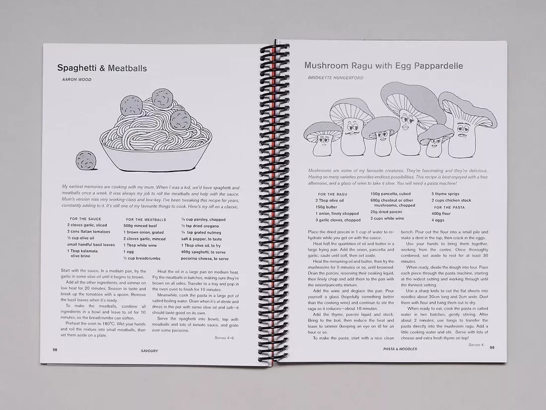Open book, pages to recipes of Spaghetti & meatballs and Mushroom rags with egg pappardelle , available  to buy on the-salon.com. SALON curates the finest , unique, handmade pieces from the interior industry's best makers and brands. Shop luxury furniture, lighting, rugs, art, antiques and vintage pieces and accessories from SALON interior designed rooms.