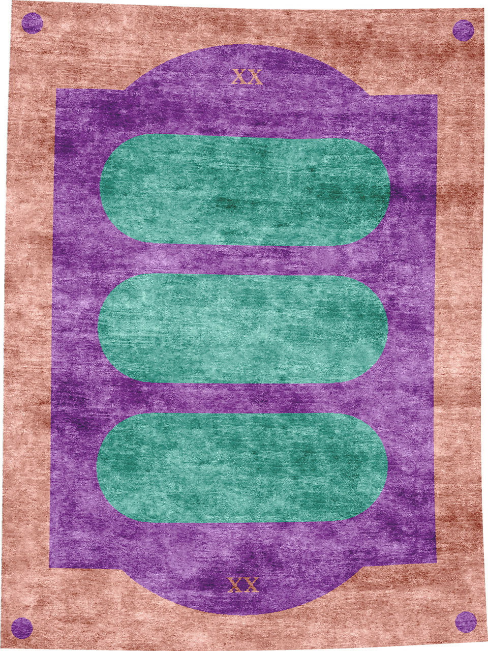 Decorative rug with purple border and green central design on a brown background, available  to buy on the-salon.com. SALON curates the finest , unique, handmade pieces from the interior industry's best makers and brands. Shop luxury furniture, lighting, rugs, art, antiques and vintage pieces and accessories from SALON interior designed rooms.