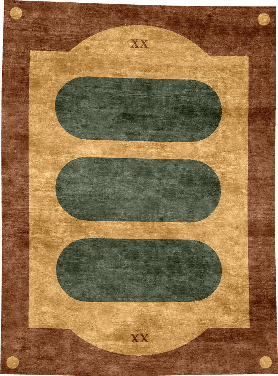 Decorative rug with geometric pattern on a brown background, available  to buy on the-salon.com. SALON curates the finest , unique, handmade pieces from the interior industry's best makers and brands. Shop luxury furniture, lighting, rugs, art, antiques and vintage pieces and accessories from SALON interior designed rooms.